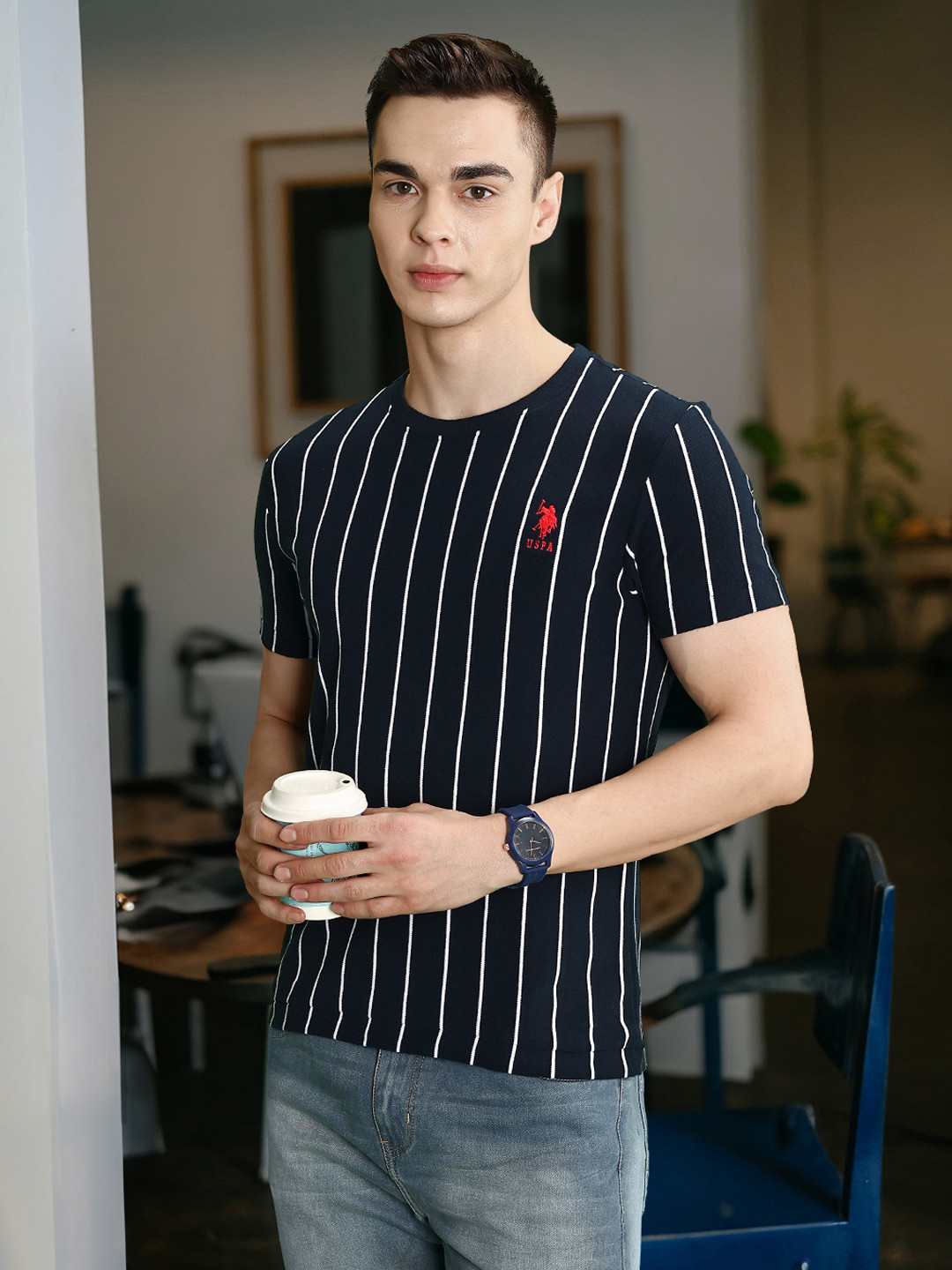 

U.S. Polo Assn. Men Striped Slim Fit Pure Cotton T-shirt, Navy blue