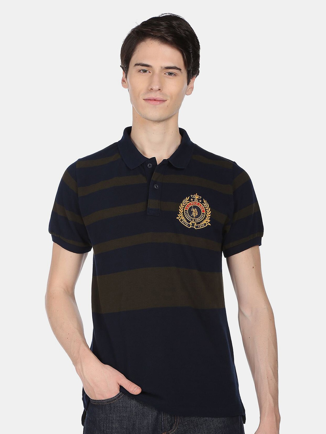 

U.S. Polo Assn. Men Striped Polo Collar Pure Cotton T-shirt, Navy blue