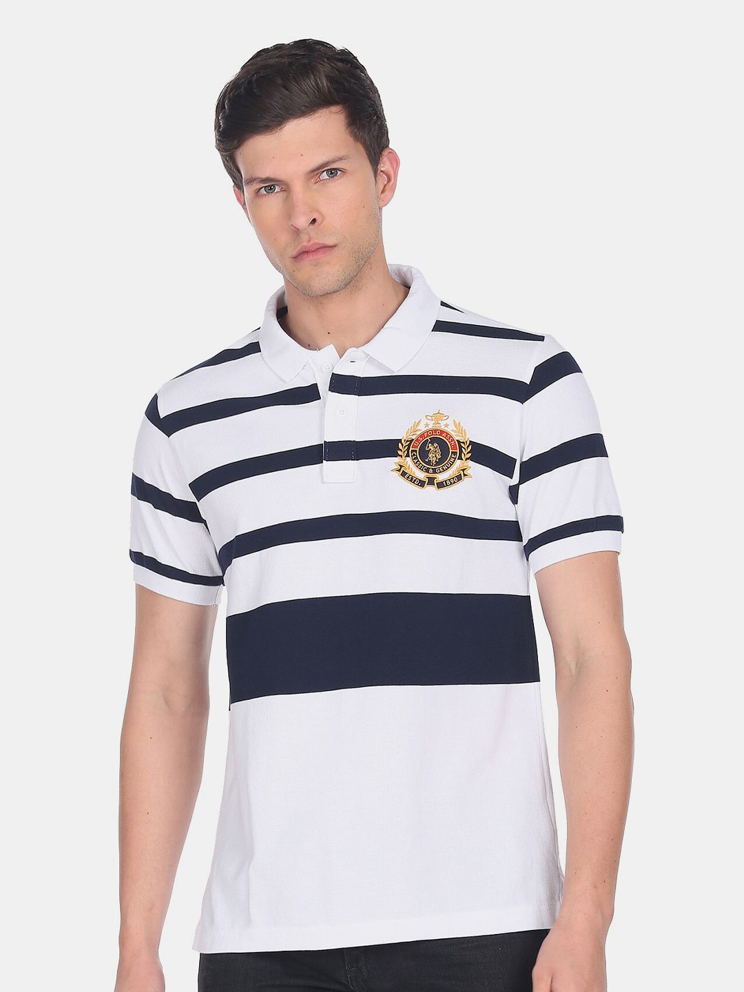 

U.S. Polo Assn. Men Striped Polo Collar Pure Cotton T-shirt, White