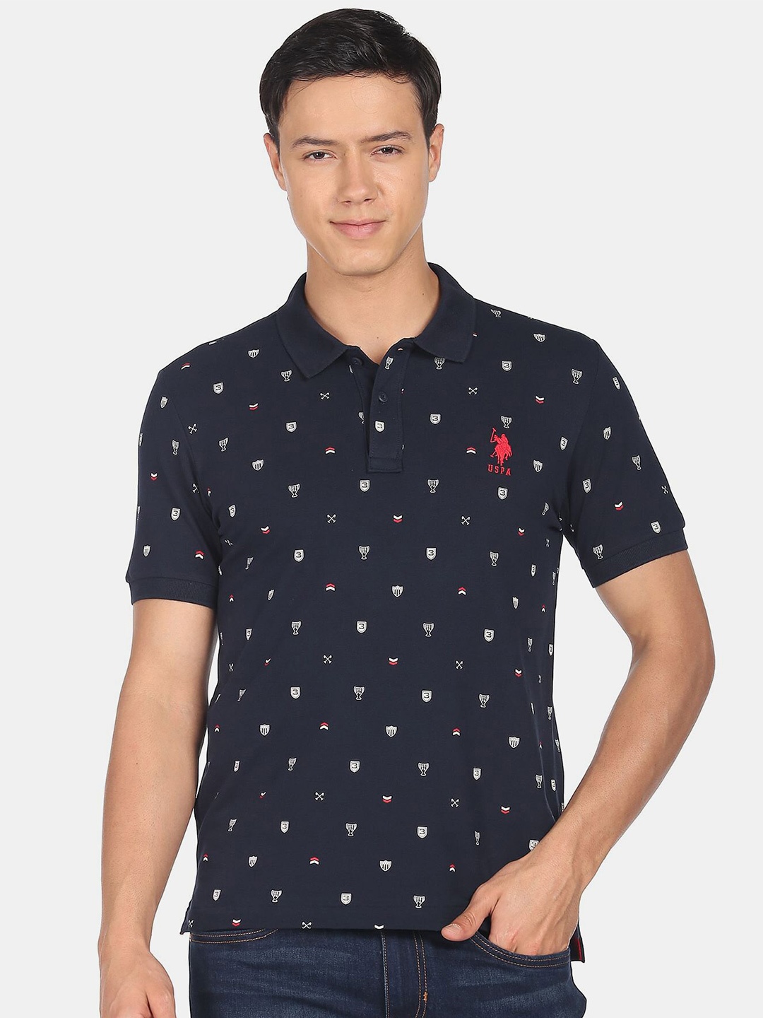 

U.S. Polo Assn. Men Printed Polo Collar Pure Cotton T-shirt, Navy blue