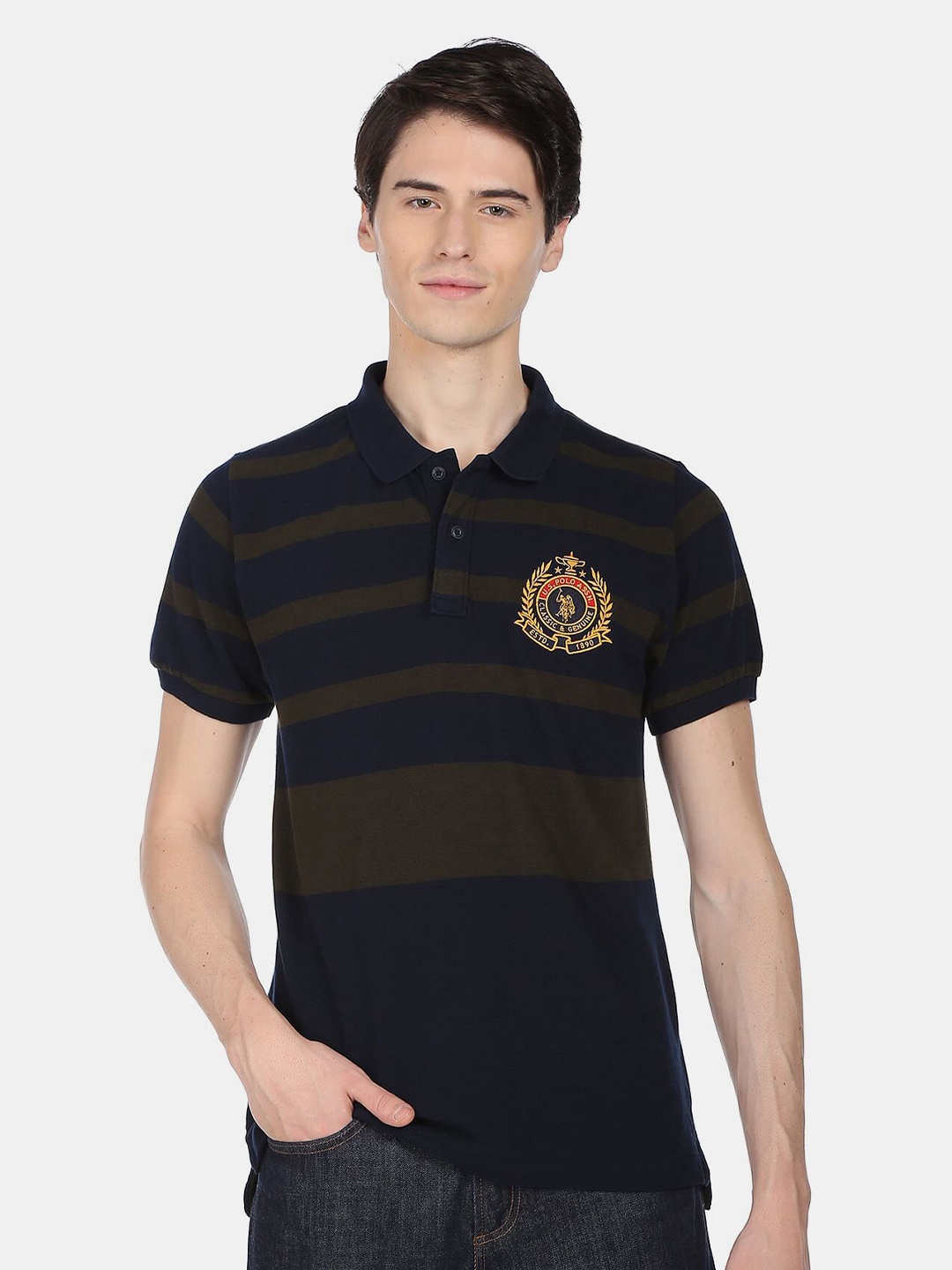 

U.S. Polo Assn. Men Striped Polo Collar Pure Cotton T-shirt, Navy blue