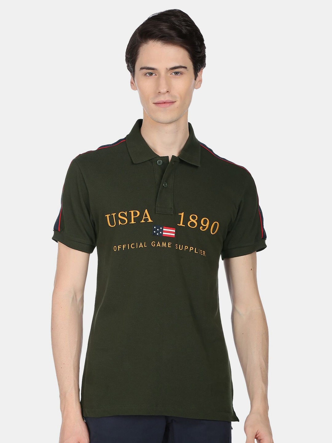

U.S. Polo Assn. Men Embroidered Polo Collar Slim Fit Pure Cotton T-shirt, Green
