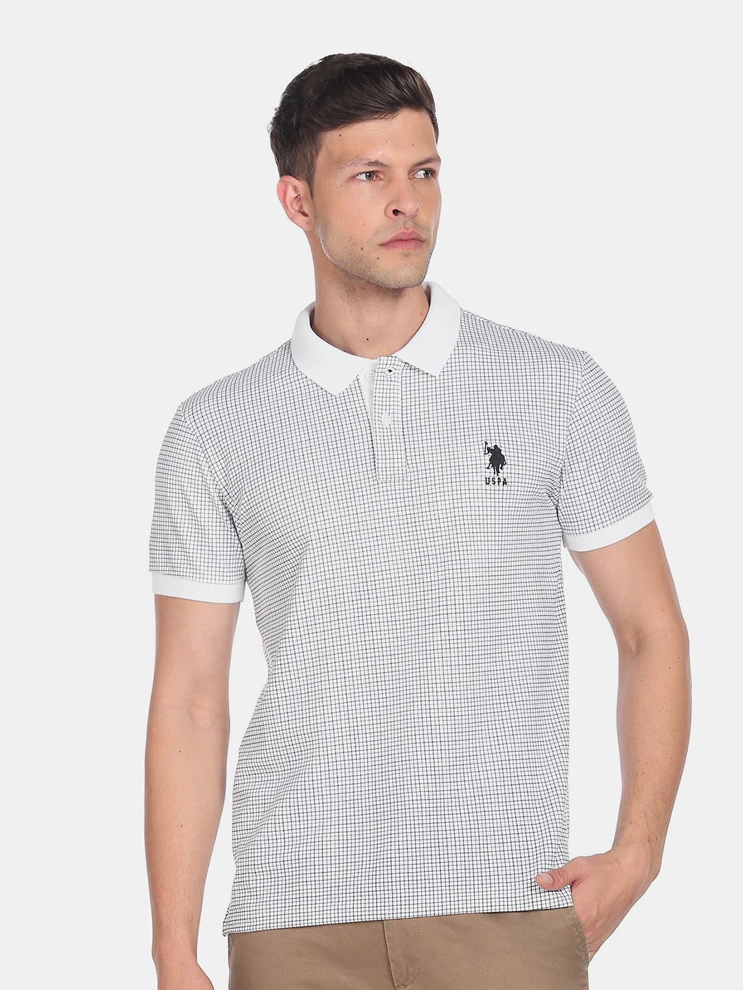

U.S. Polo Assn. Men Checked Polo Collar Monochrome T-shirt, White