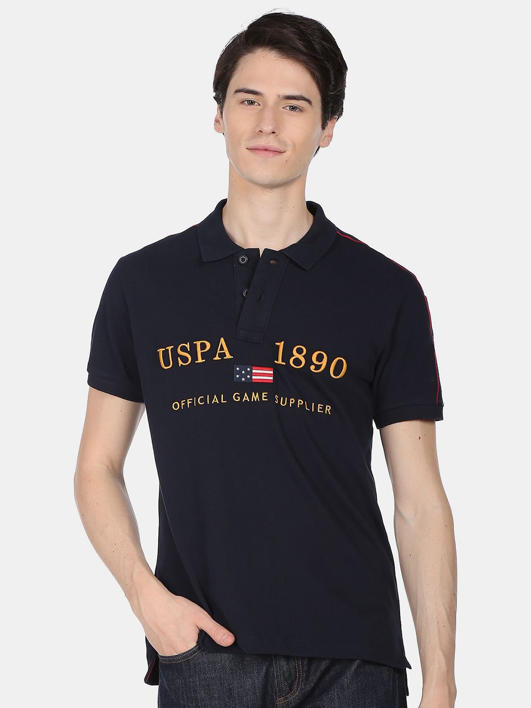 U.S. Polo Assn. Men Typography Polo Collar Pure Cotton T-shirt, Navy blue