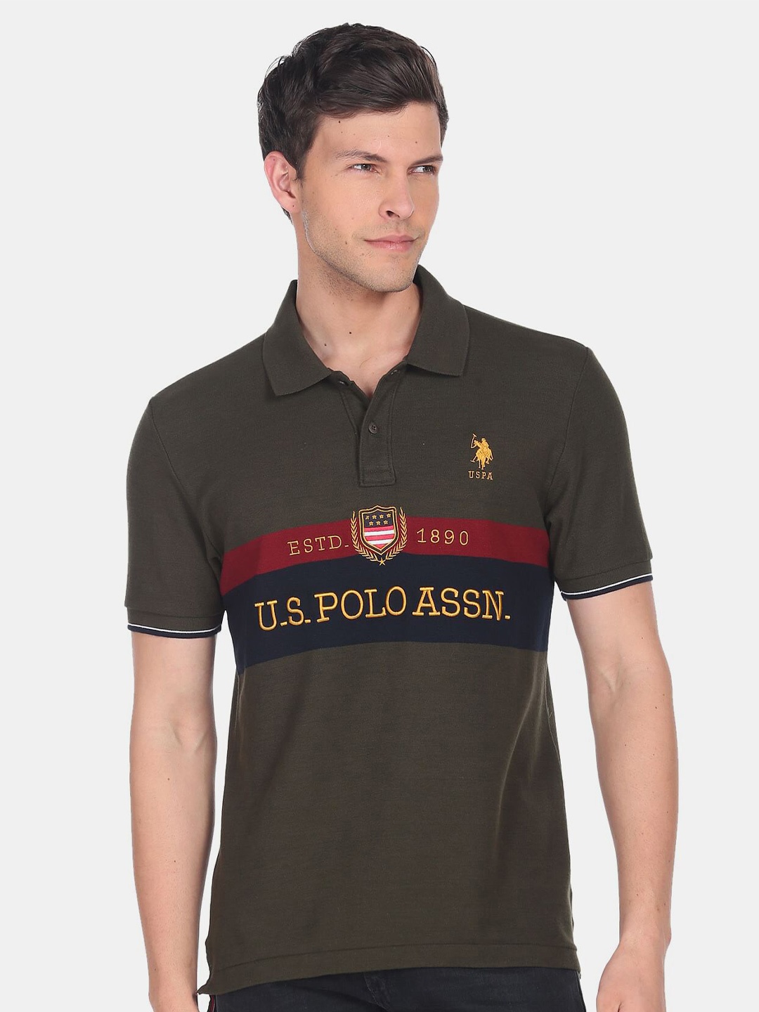 U.S. Polo Assn. Men Typography Polo Collar Slim Fit T-shirt, Olive