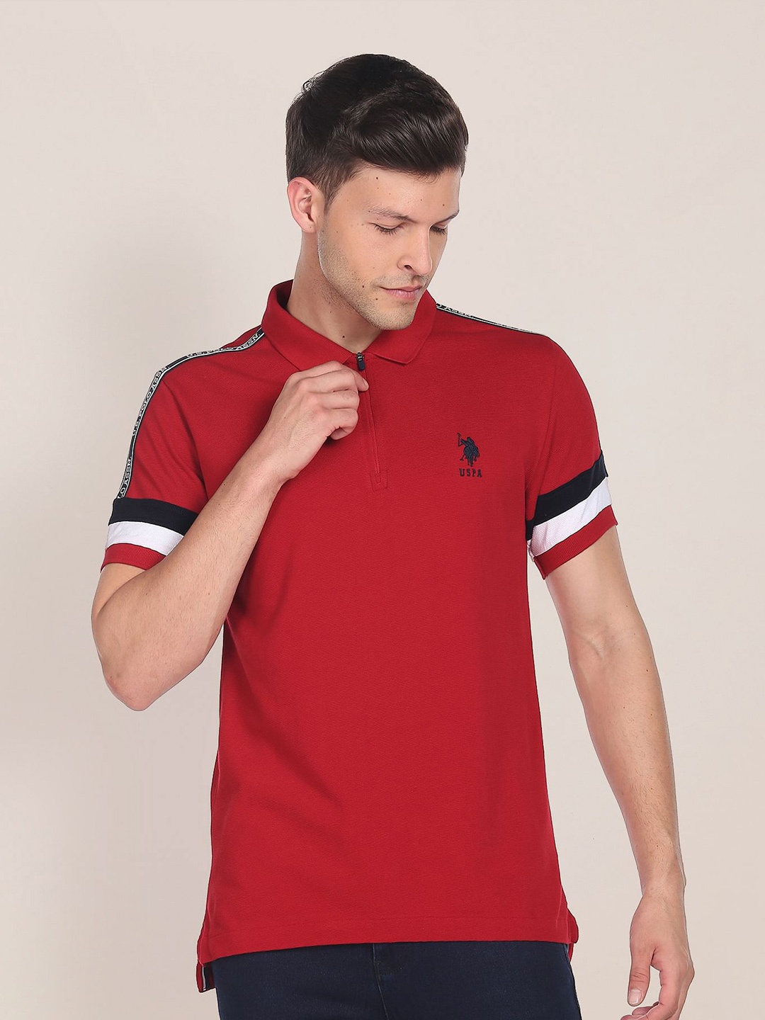 

U.S. Polo Assn. Men Polo Collar Slim Fit Cotton T-shirt, Red