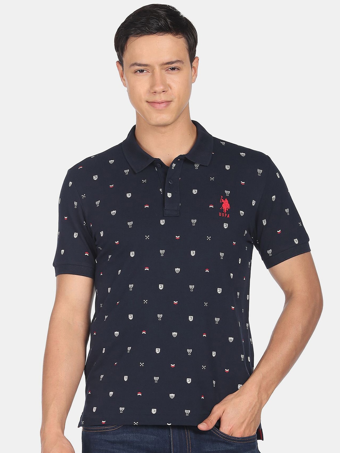 

U S Polo Assn Men Printed Polo Collar Pure Cotton T-shirt, Navy blue