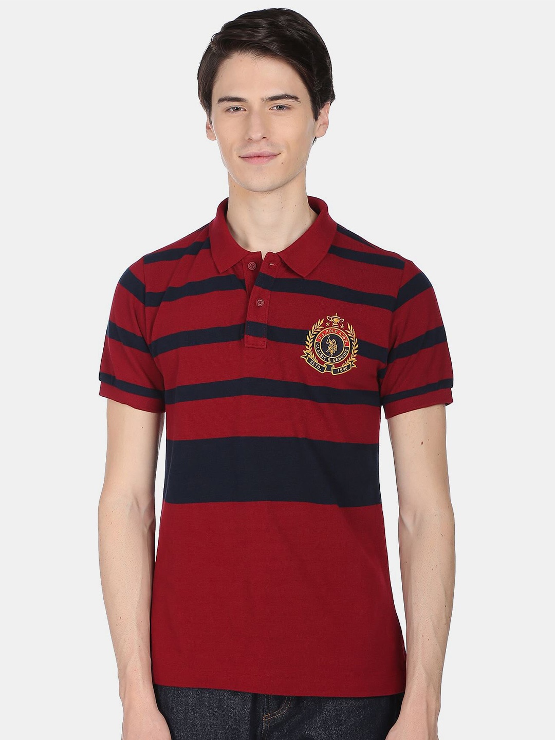 

U S Polo Assn Men Striped Polo Collar Pure Cotton T-shirt, Red