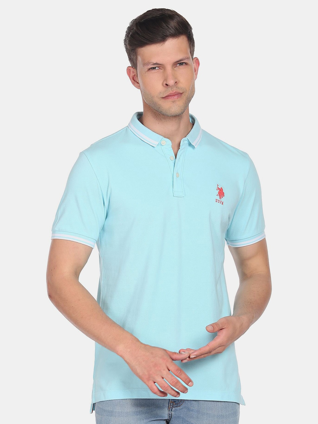 

U S Polo Assn Men Polo Collar Slim Fit Pure Cotton T-shirt, Blue