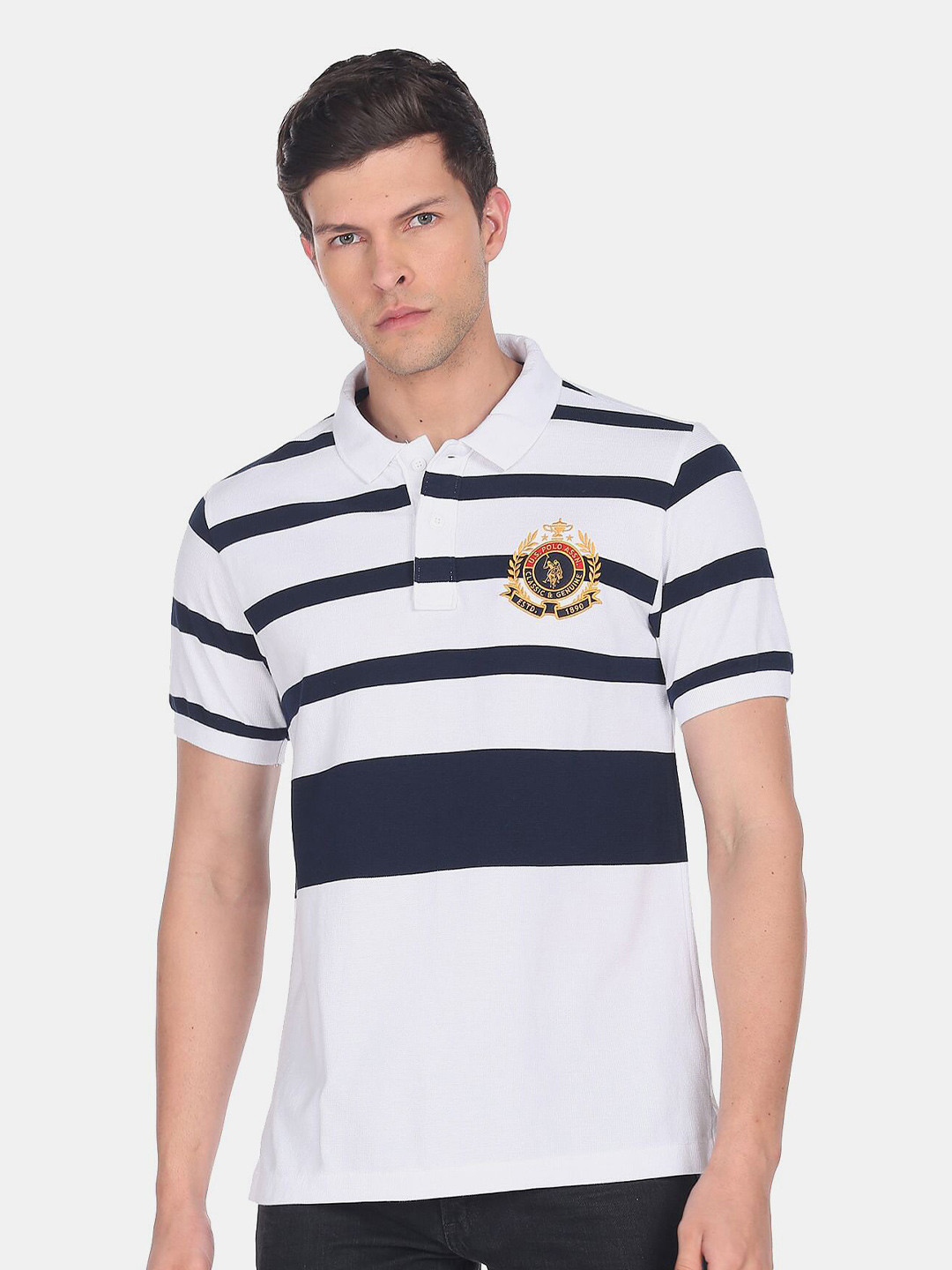 

U S Polo Assn Men Striped Polo Collar Slim Fit Pure Cotton T-shirt, White
