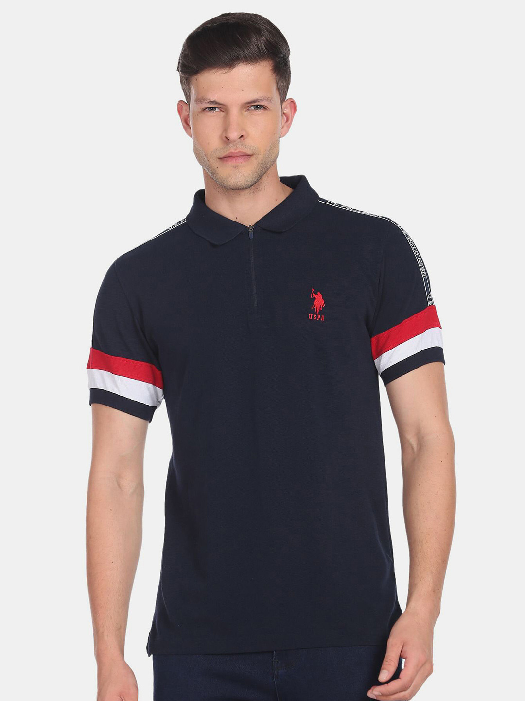 

U S Polo Assn Men Polo Collar Slim Fit Pure Cotton T-shirt, Navy blue