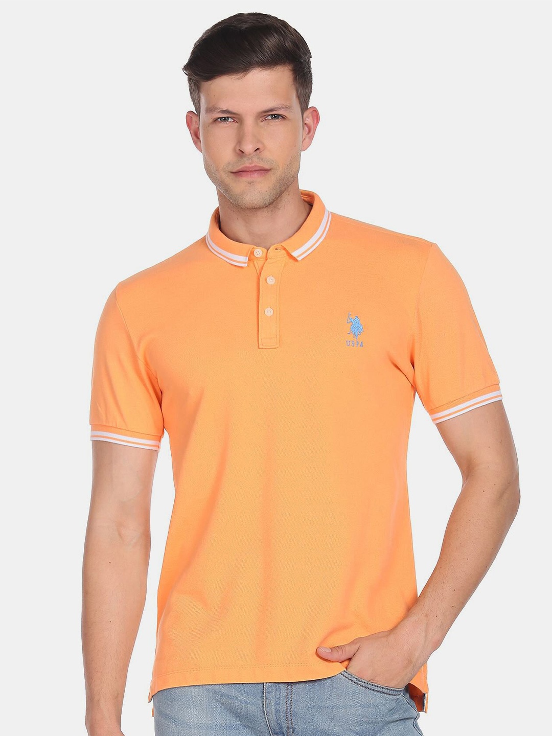 

U.S. Polo Assn. Men Polo Collar Slim Fit Pure Cotton T-shirt, Orange