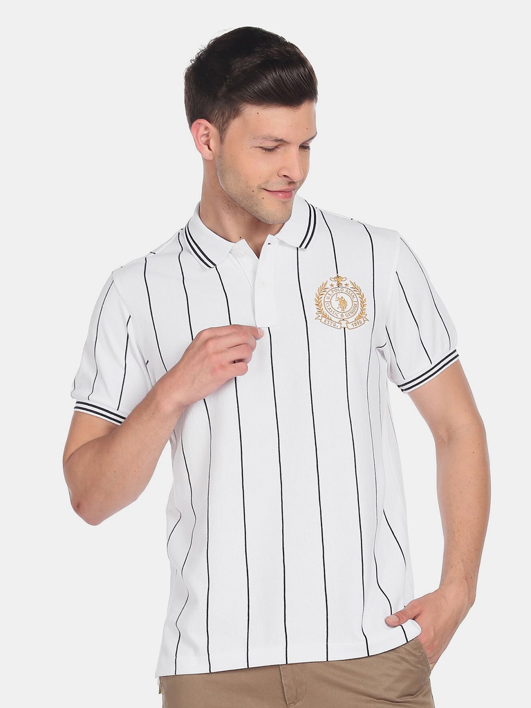 

U.S. Polo Assn. Men Striped Polo Collar Slim Fit Pure Cotton T-shirt, White