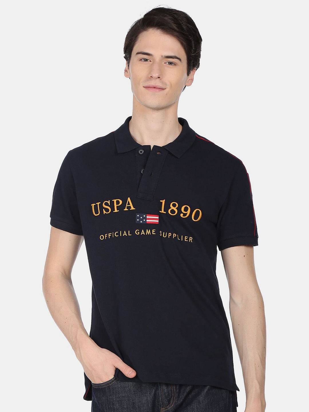 

U.S. Polo Assn. Men Typography Printed Polo Collar Cotton T-shirt, Navy blue