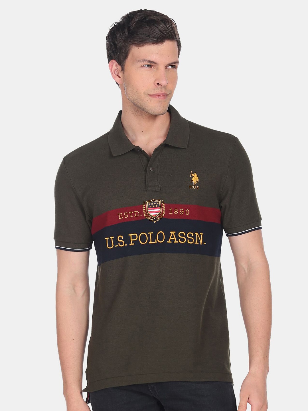 

U.S. Polo Assn. Men Typography Printed Polo Collar Slim Fit Cotton T-shirt, Olive