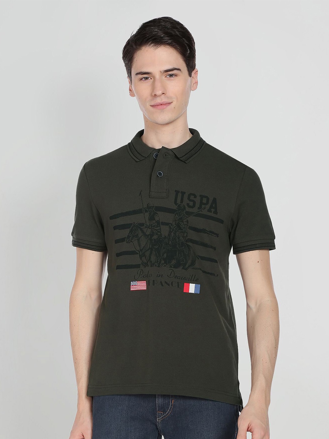 

U.S. Polo Assn. Denim Co. Men Brand Logo Printed Polo Collar T-shirt, Olive