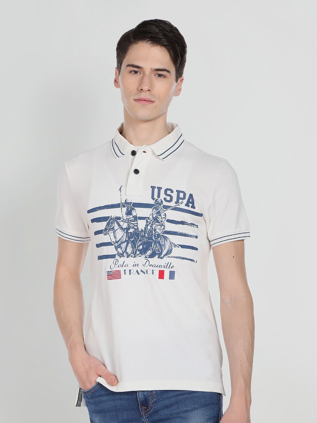 

U.S. Polo Assn. Denim Co. Men Brand Logo Printed Polo Collar T-shirt, White