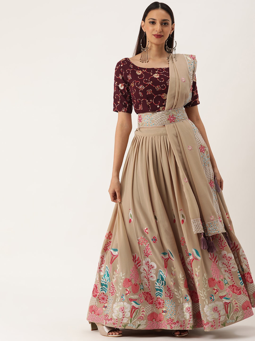 

Zainab chottani Embroidered Thread Work Semi-Stitched Lehenga & Unstitched Blouse, Maroon