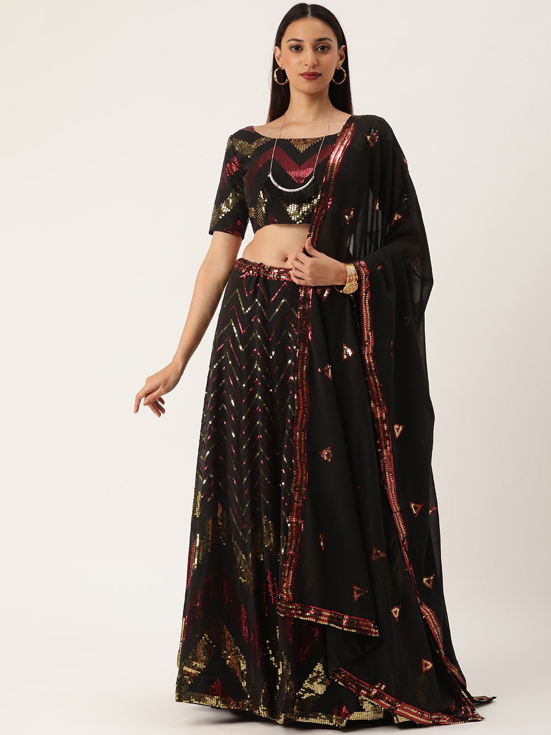 

Zainab chottani Embroidered Semi-Stitched Lehenga & Unstitched Blouse With Dupatta, Black