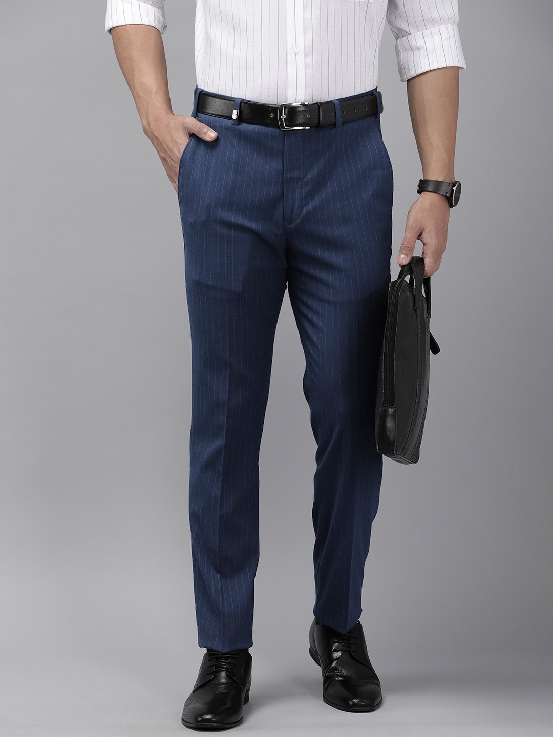 

Park Avenue Men Striped Super Slim Fit Formal Trousers, Navy blue
