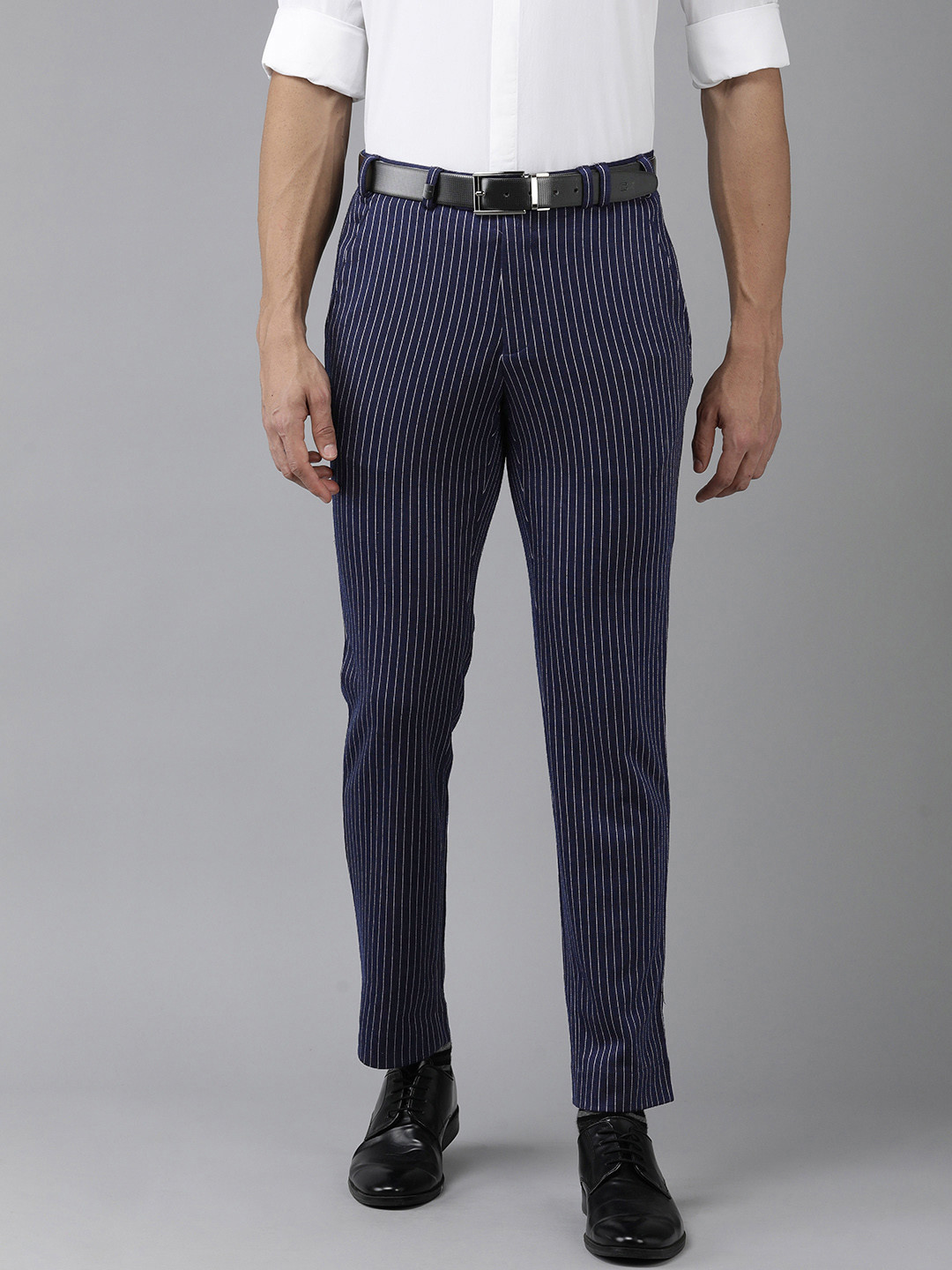 

Park Avenue Men Striped Mid-Rise Formal Trousers, Blue