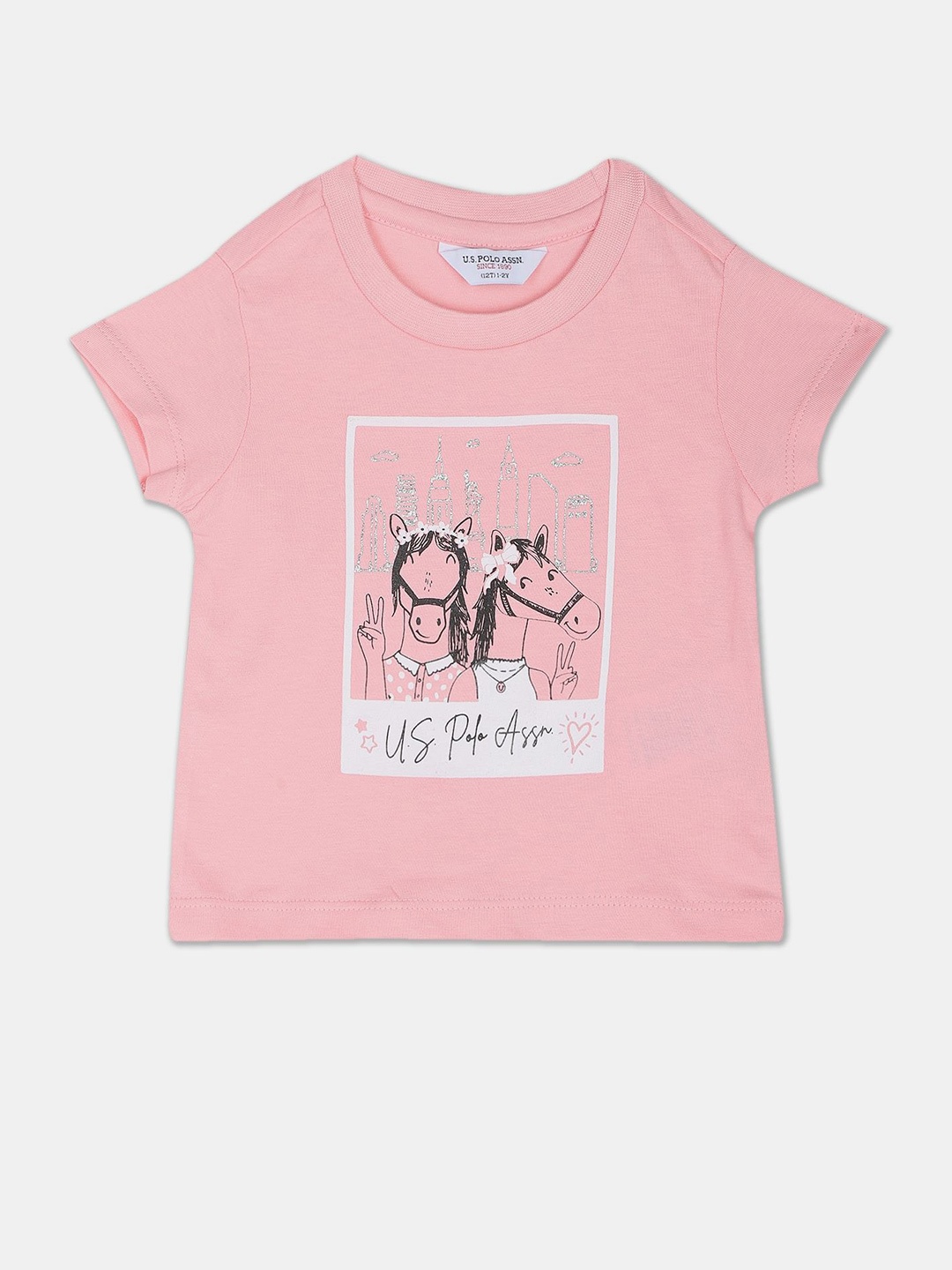 

U.S. Polo Assn. Kids Girls Graphic Printed Pure Cotton T-shirt, Pink