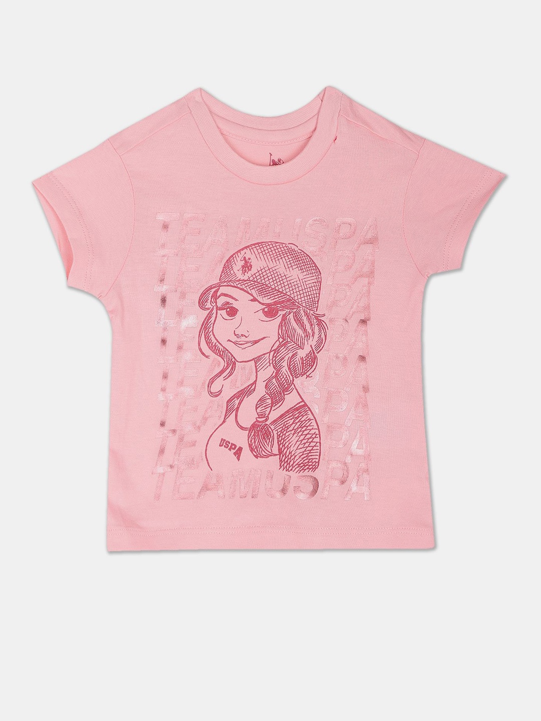 

U.S. Polo Assn. Kids Girls Graphic Printed Pure Cotton T-shirt, Pink