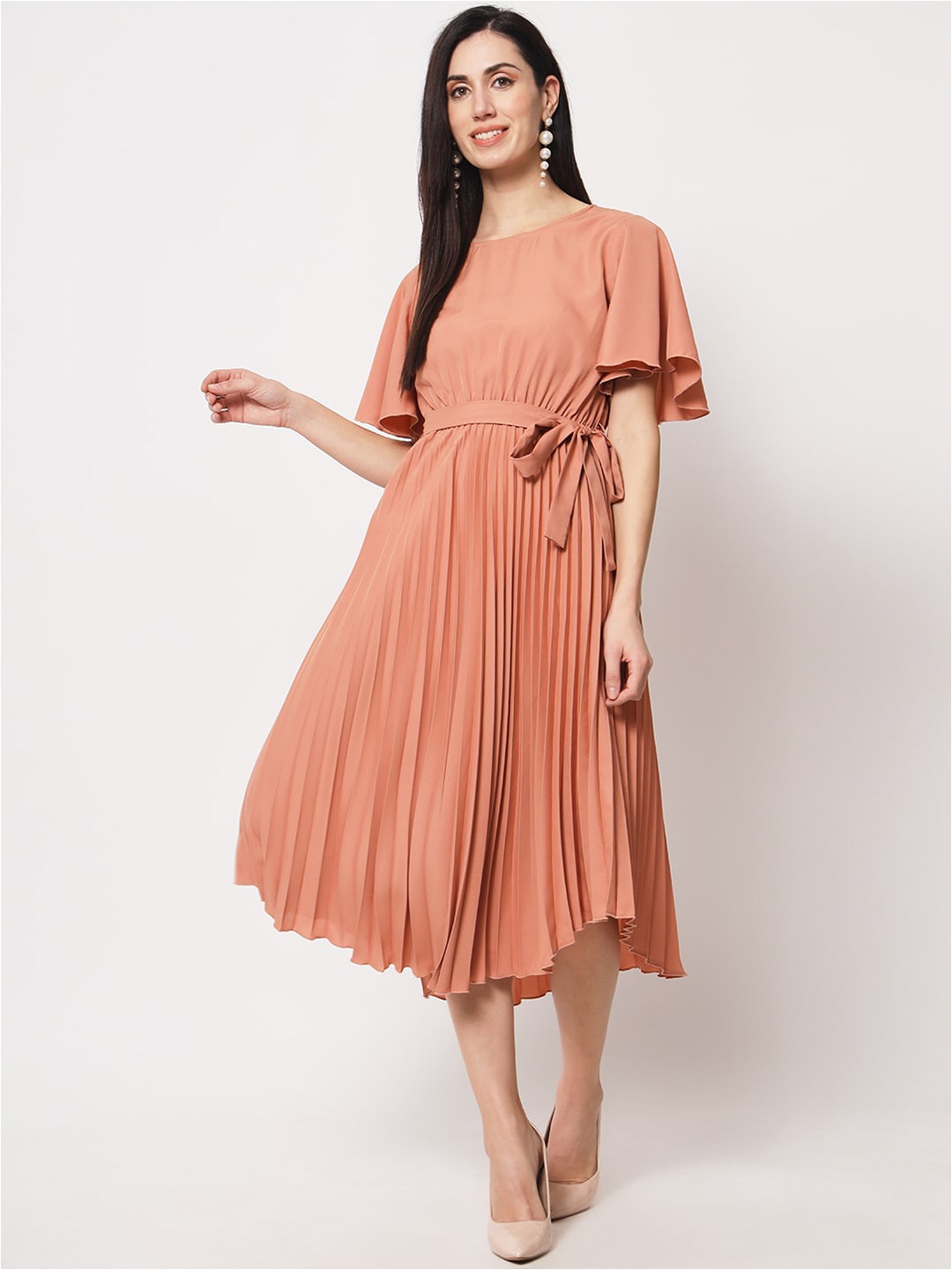 

Kannan Accordion Pleated Midi Fit & Flare Dress, Peach