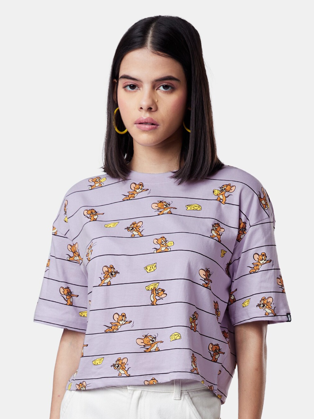

The Souled Store Graphic Printed Drop-Shoulder Sleeves Oversized Top, Lavender