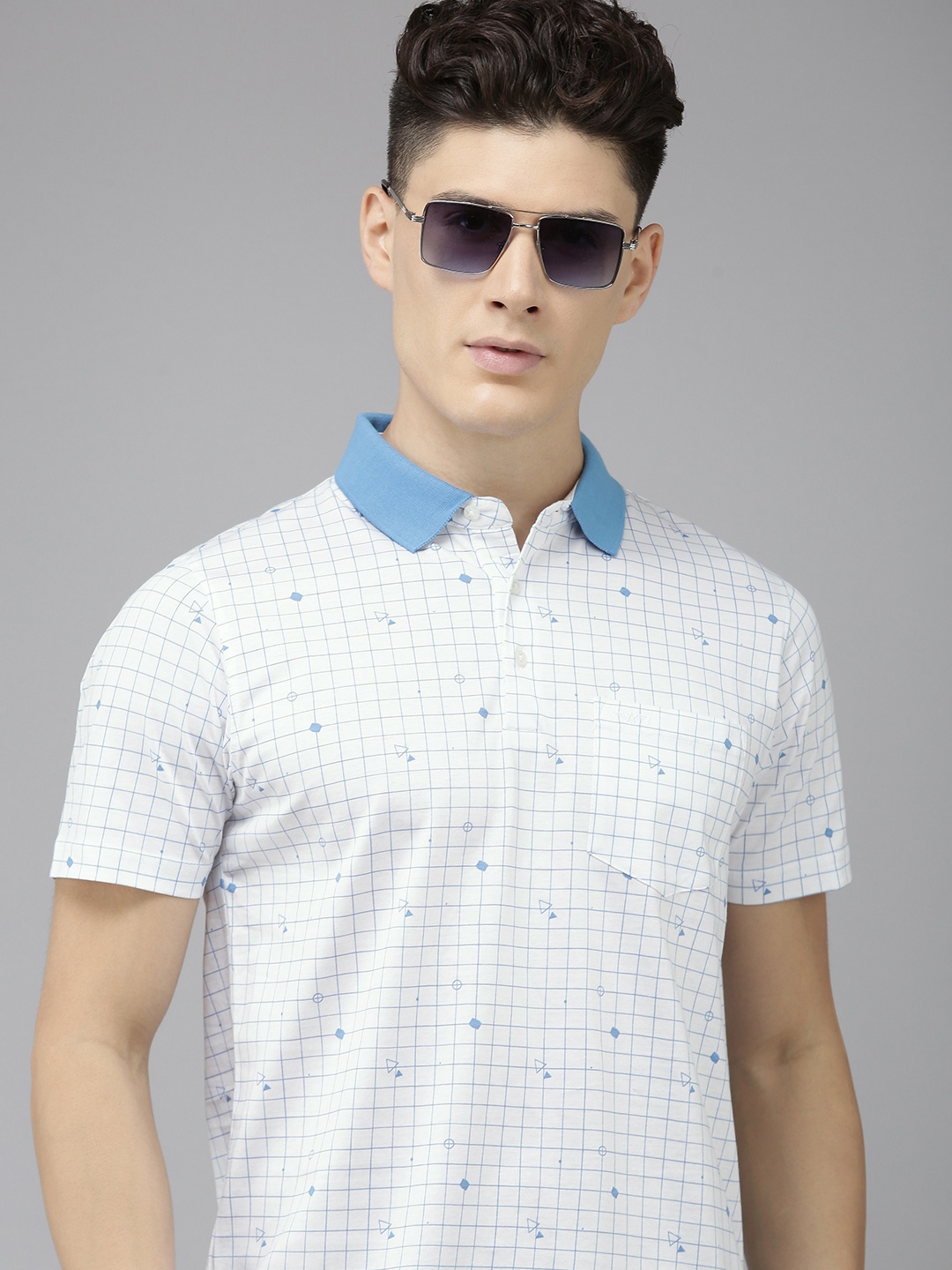 

Park Avenue Checked & Geometric Printed Polo Collar Pure Cotton Slim Fit T-shirt, Blue