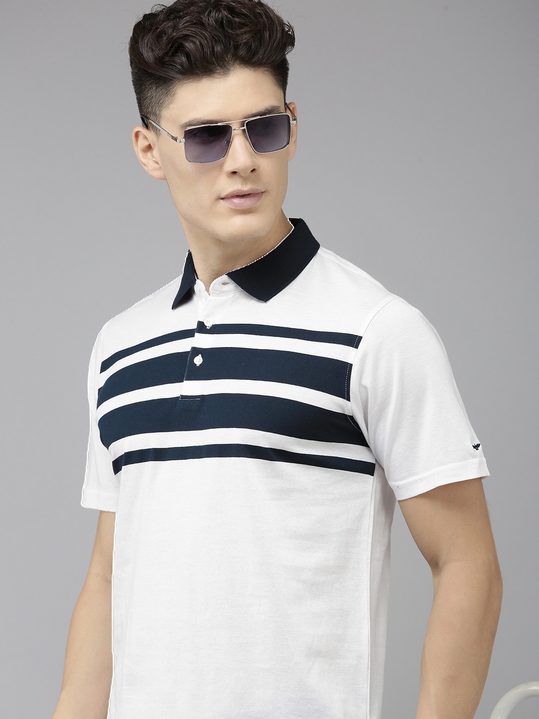 

Park Avenue Striped Polo Collar Pure Cotton Slim Fit T-shirt, White