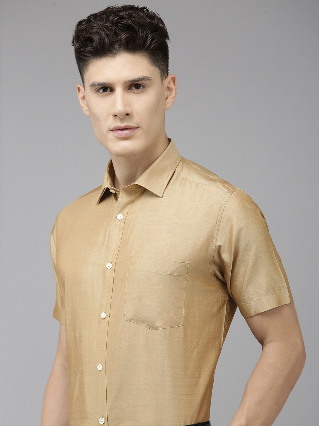 

Park Avenue Solid Regular Fit Formal Silk Shirt, Beige