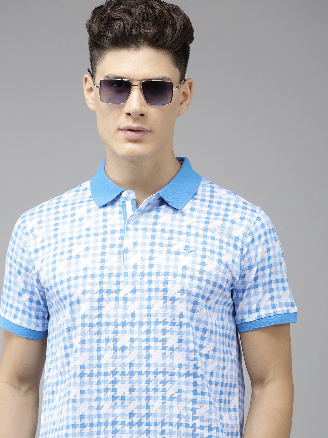 

Park Avenue Checked Polo Collar Pure Cotton Slim Fit T-shirt, Blue