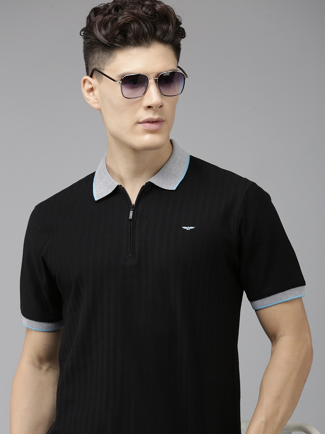 

Park Avenue Self Design Chevron Polo Collar Pure Cotton Slim Fit T-shirt, Black