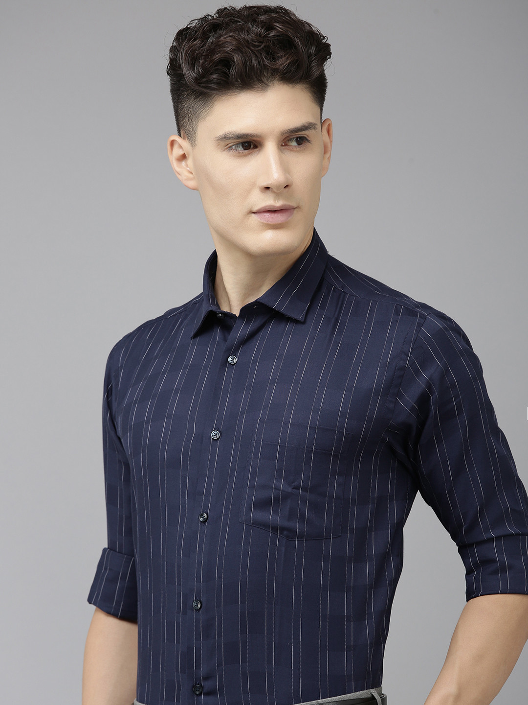 

Park Avenue Slim Fit Pure Cotton Striped Formal Shirt, Navy blue