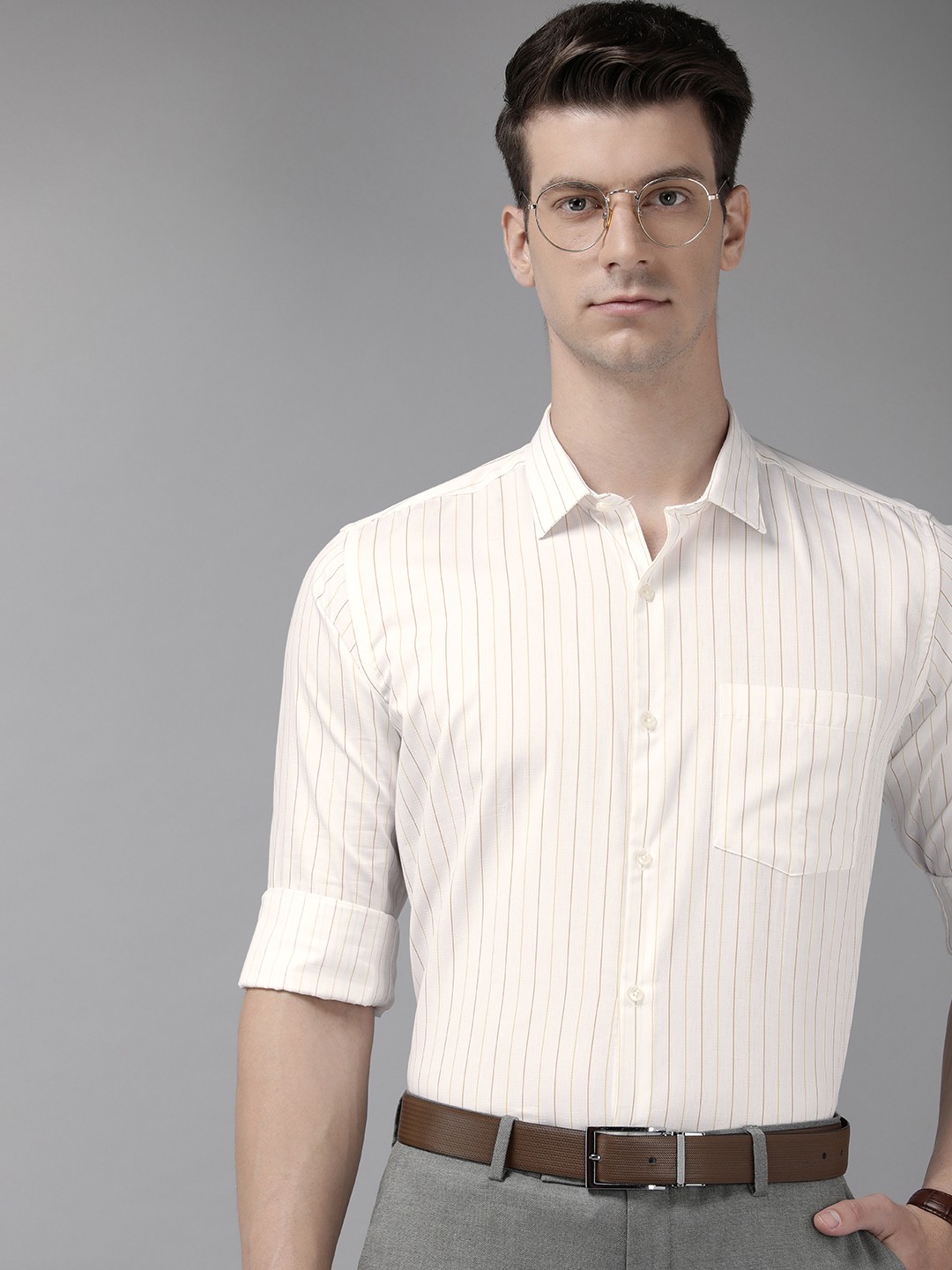 

Park Avenue Pure Cotton Slim Fit Striped Formal Shirt, Yellow