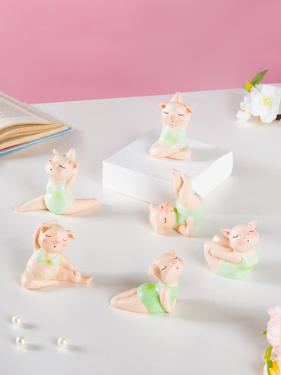 

Nestasia Set Of 6 Beige & Green Piggy Miniature Decor Yoga Showpiece