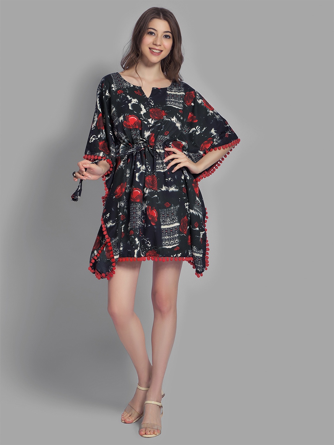 

ASPORA Black & Red Floral Print Flared Sleeve Kaftan Dress