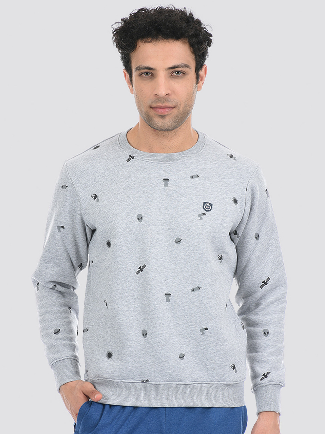 

Cloak & Decker by Monte Carlo Men Conversational Printed Pullover Cotton Sweatshirt, Grey