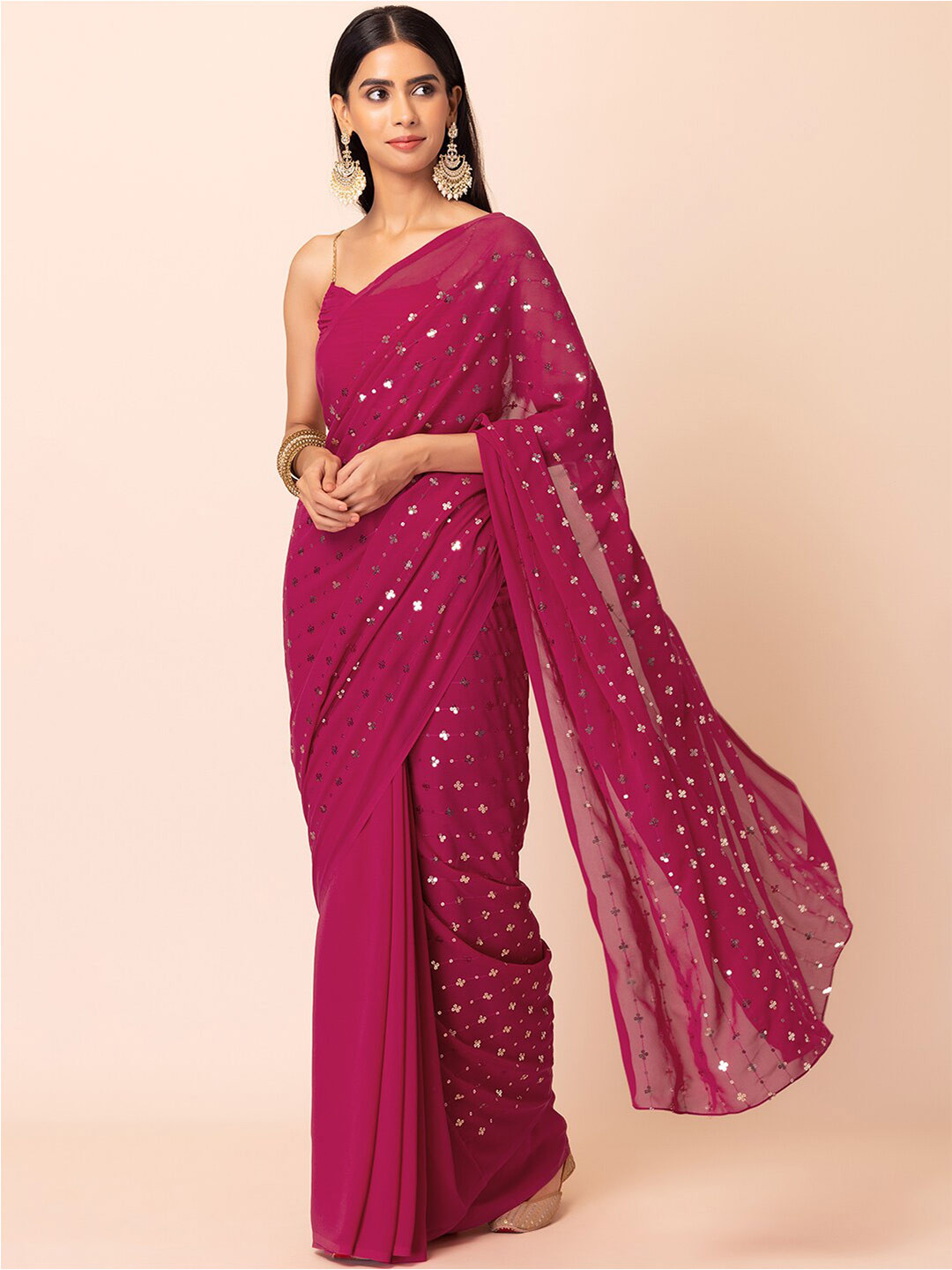 

INDYA Pink Floral Embroidered Mirror Work Saree