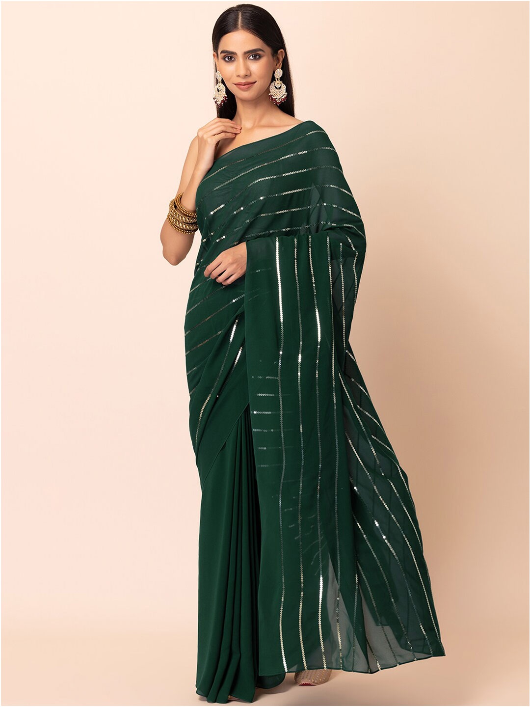 

INDYA Striped Sequinned Half and Half Saree, Green