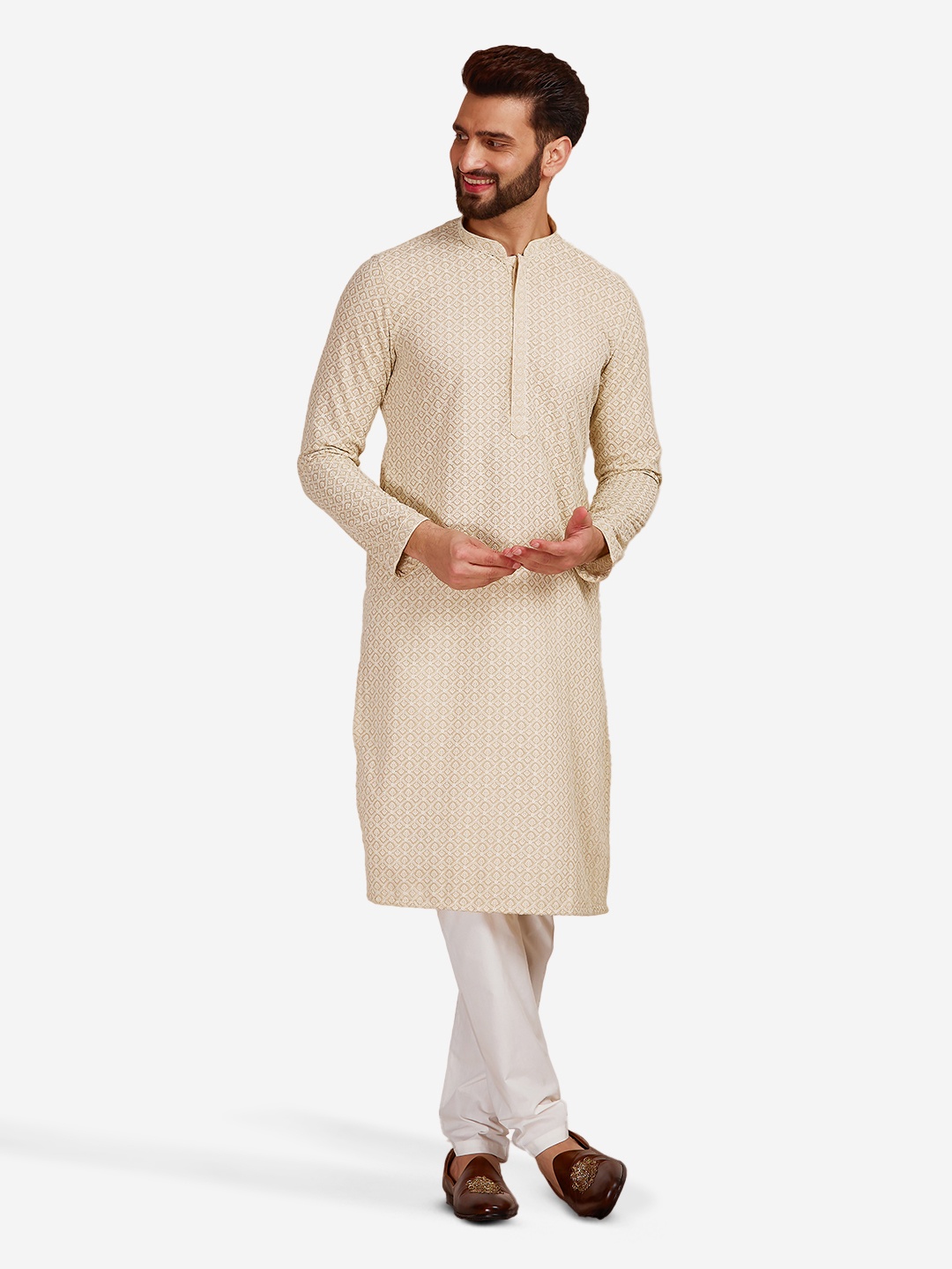 

Manyavar Men Ethnic Motifs Embroidered Thread Work Cotton Kurta with Pyjamas, Beige