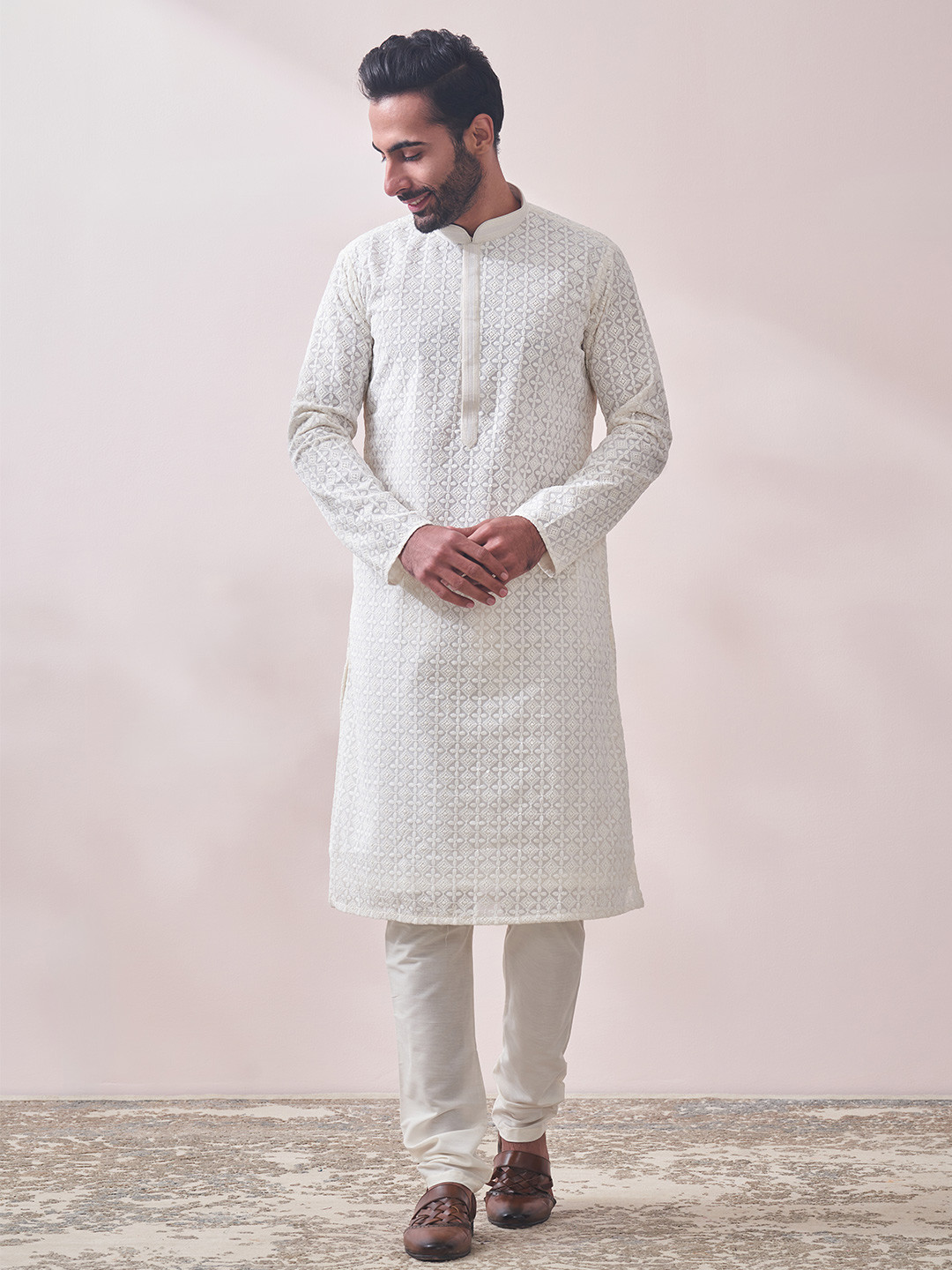 

Manyavar Men Embroidered Kurta with Churidar, Cream