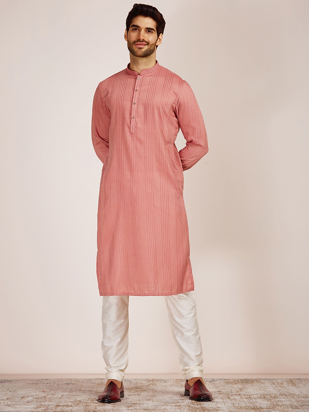 

Manyavar Men Striped Kurta with Churidar, Coral