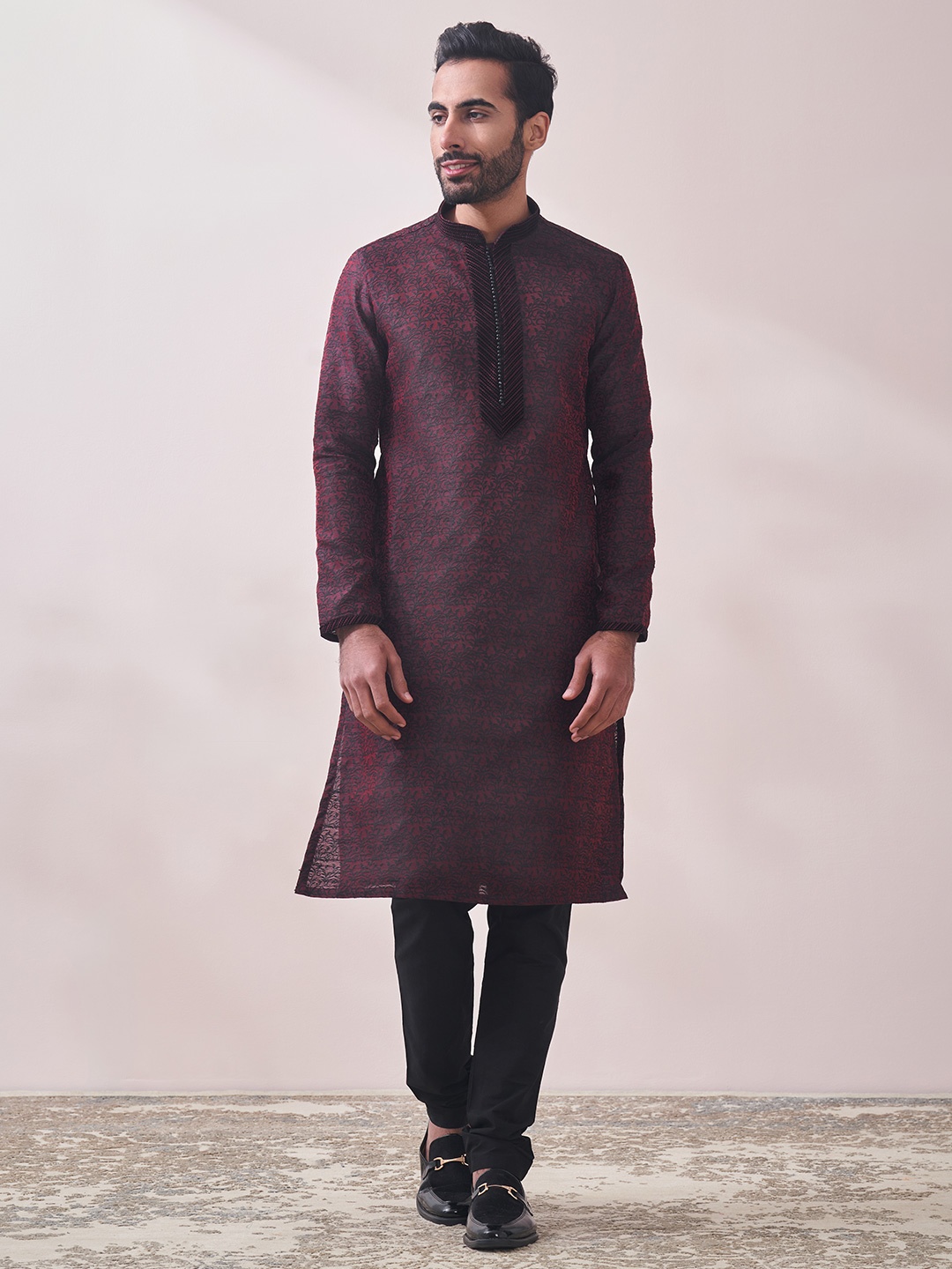 

Manyavar Men Floral Kurta with Churidar, Maroon