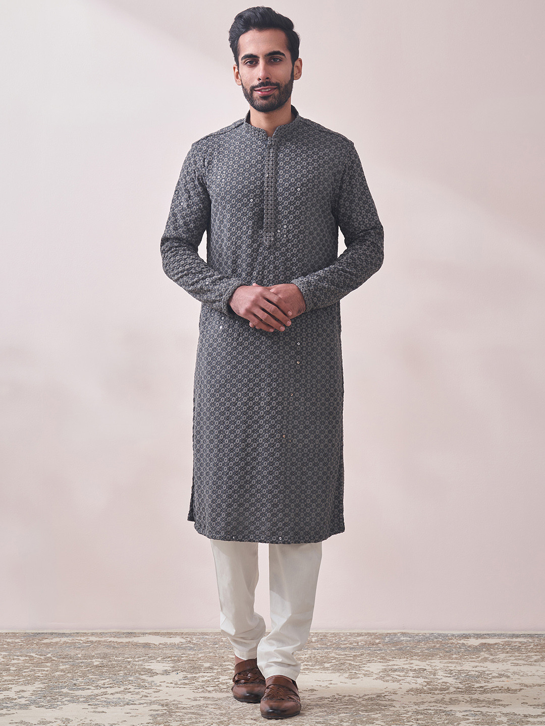 

Manyavar Men Floral Embroidered Kurta with Pyjamas, Grey