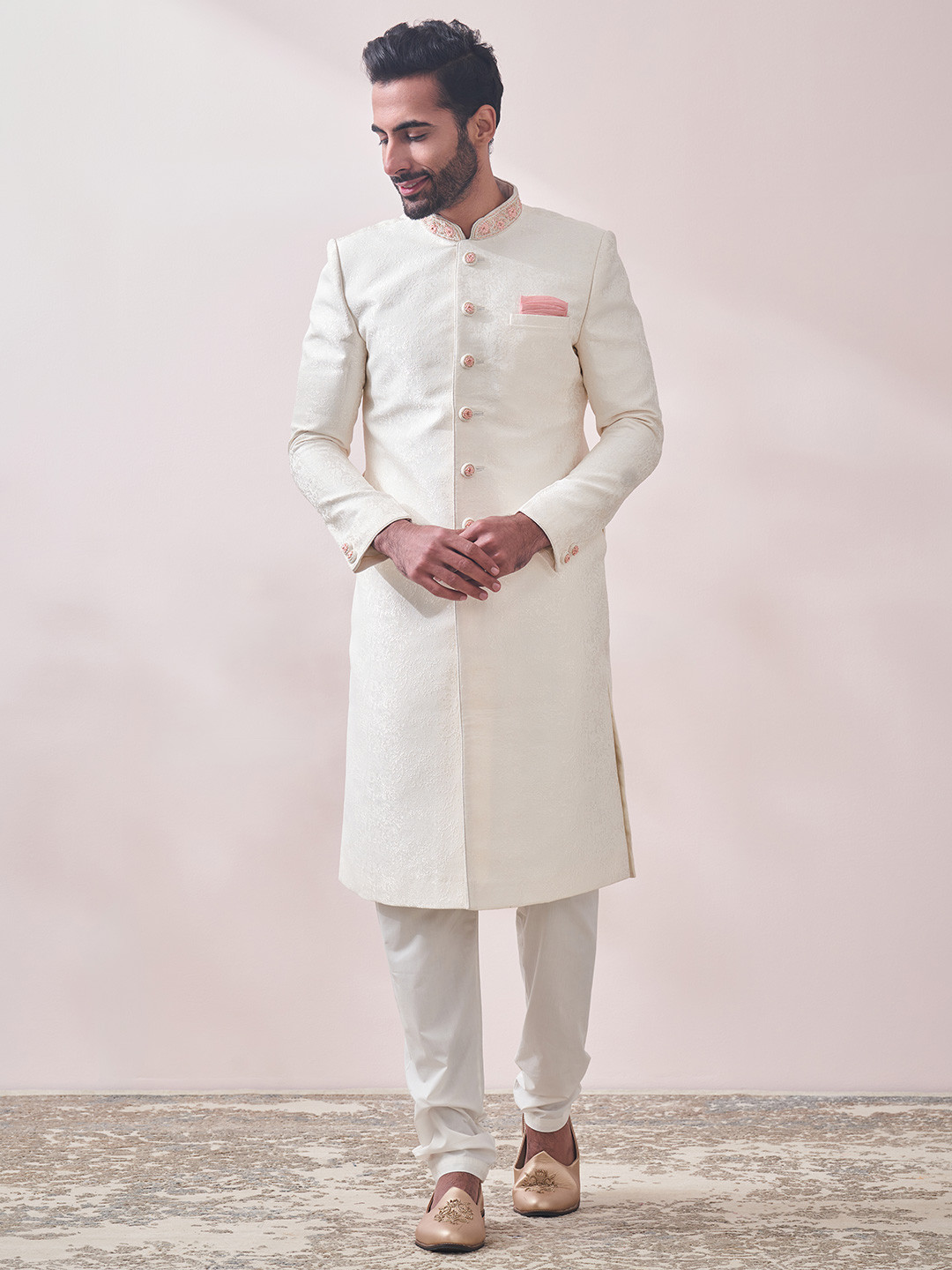 

Manyavar Men Embroidered Art Silk Sherwani, Cream