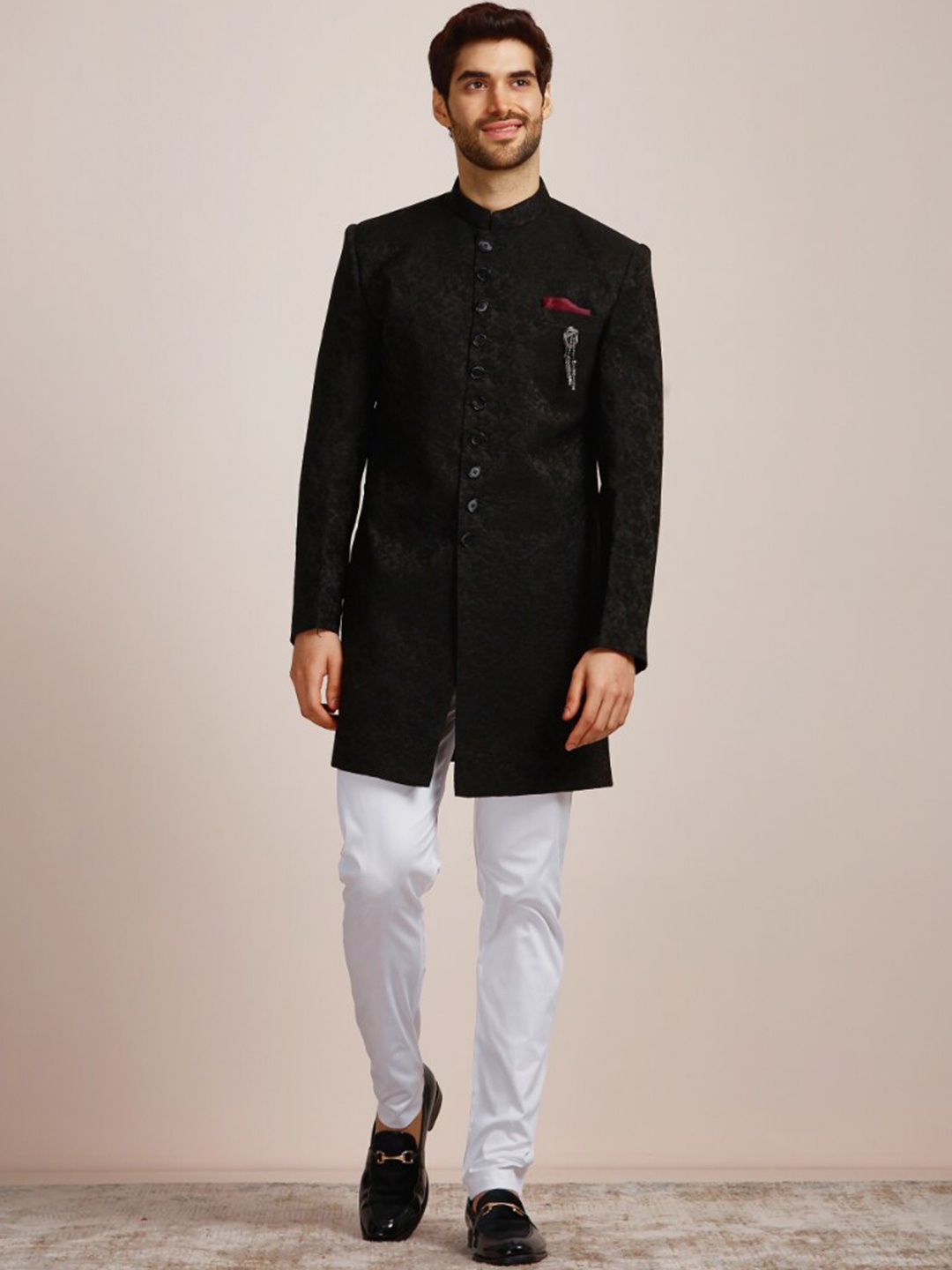 

Manyavar Men Floral Embroidered Sherwani Set, Black