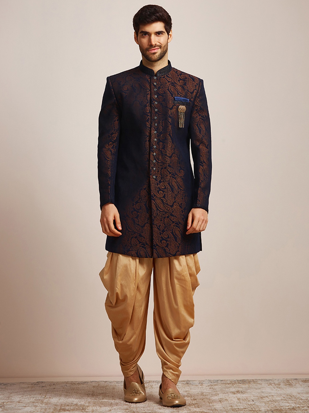 

Manyavar Men Paisley Printed Brocade Sherwani, Blue