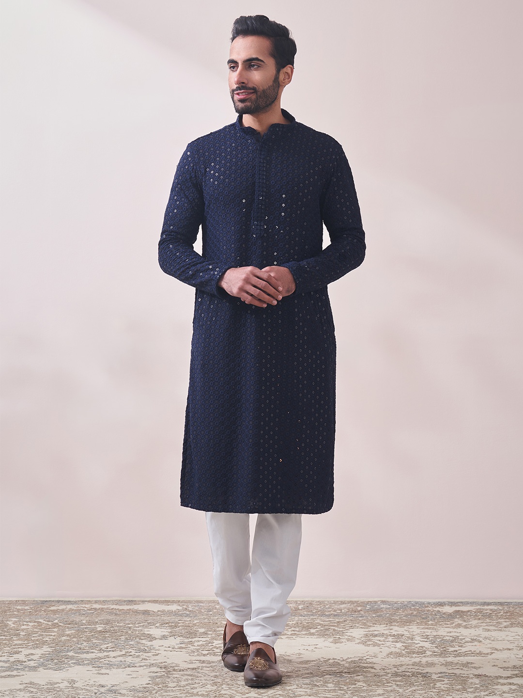 Manyavar Men Embroidered Sequinned Kurta With Churidar, Blue